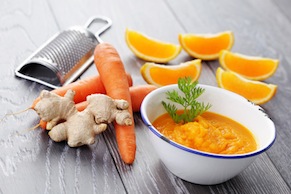 Carrot Ginger Citrus Soup with Spiraled Spelt Breadsticks
