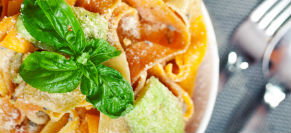 Pappardelle with Summer Squash and Arugula-Walnut Pesto 